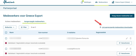 Op het scherm van de ‘Aangevraagde medewerkers’ vind je bovenaan rechts een link ‘Lijst aangevraagde medewerkers downloaden’.