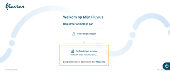 Schermafdruk van het inlogscherm van Mijn Fluvius met de focus op professioneel account