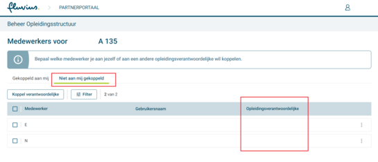 Een lijst van 'Niet aan mij gekoppeld’ medewerkers. 