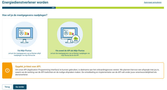 Schermafdruk Mijn Fluvius Energiedienstverlener worden met de focus op 'Via zowel de API als Mijn Fluvius'